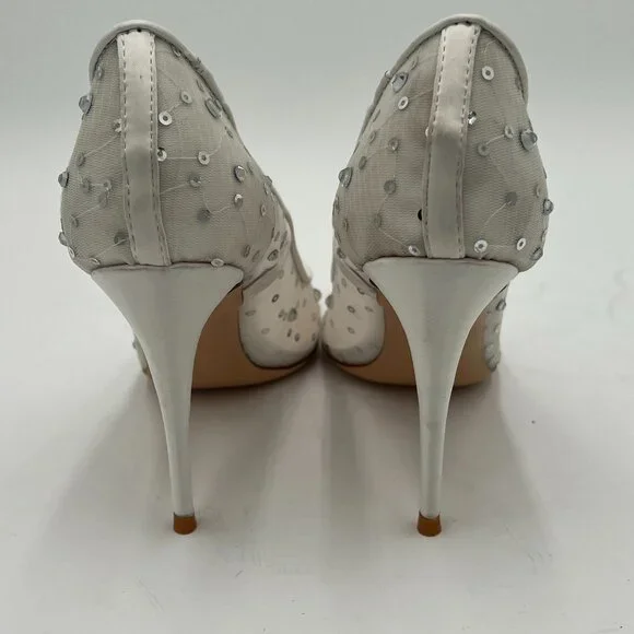 XYD White Rhinestones Studded Stiletto High Heels Mesh Pumps Wedding Shoes - Picture 3 of 5
